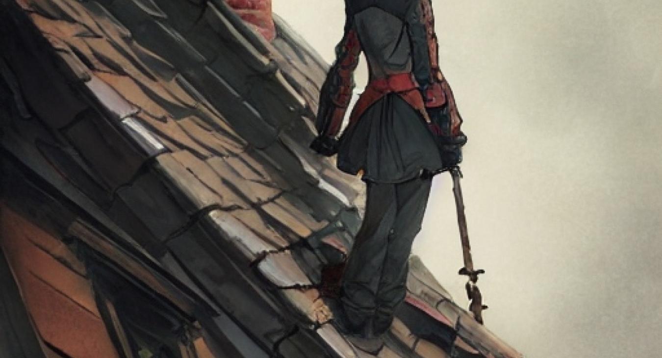 Chimney sweeper standing atop a roof