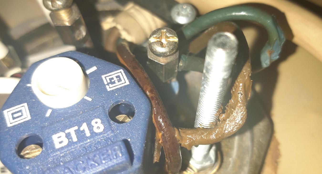 A hot water tank has melted the immersion heater cable and was likely caused by a loose connection